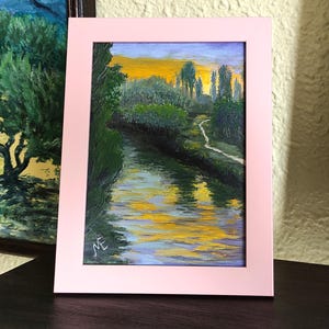 Alba sul fiume, dipinto a olio originale su carta, incorniciato, solo fatto a mano, dimensioni con cornice 21 x 16 cm (8 x 6"), dimensioni senza cornice 18 x 13 cm