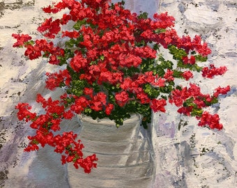 Big Red Flower in a Outdoor Big Vase near Ancient Wall, Oil Painting on Paper, Only Handmade, Size 29,7 x 42 cm (11.7 x 16.5&quot;)