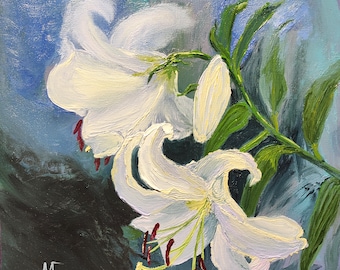 Branch of White Lily, Oil Painting on Paper, Original Artwork, Size 25 x 25 cm (10 x 10&quot;)