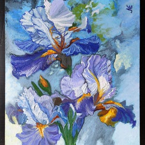 Tre fiori di iris, dipinto astratto a olio su carta, solo fatto a mano, opera d'arte a olio, impressionista, dimensioni 28 x 22 cm (11 x 8,6")
