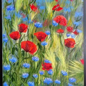 Papaveri, fiordalisi, fiori di campo, pittura a olio su carta, realizzata esclusivamente a mano, opera d'arte a olio, impressionista, dimensioni 21 x 29,7 cm (8,2 x 11,7")