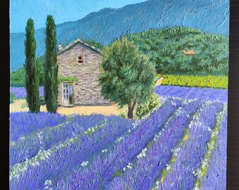 House in lavender fields, Oil Painting on Paper, Only Handmade, Oil Artwork, Impressionist, Size 21 x 29,7 cm (8.3 x 11.7&quot;)