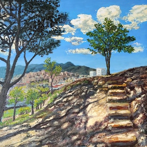 Sobborgo di Barcellona, All'ombra dei pini, Dipinto ad olio su carta, Realizzato esclusivamente a mano, Dimensioni 29,7 x 42 cm (11,5 x 16,5")
