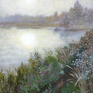 Nebbia sul lago al mattino, dipinto a olio su carta, solo fatto a mano, dimensioni 42 x 50 cm (16,5 x 19,6")