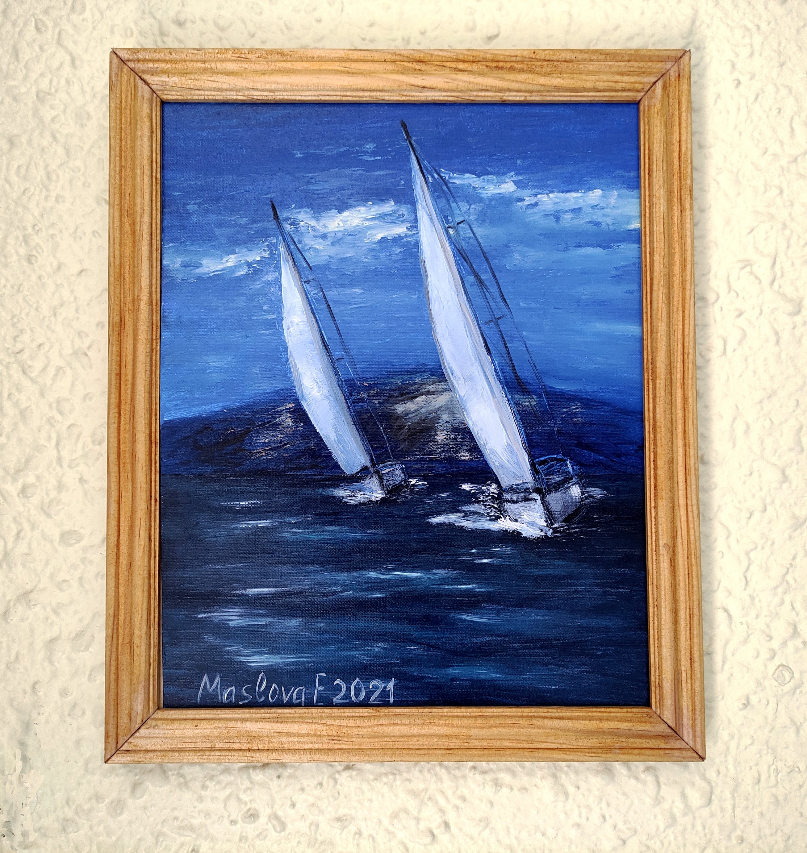 Two Racing Yachts at Sea, Oil Painting on Paper Framed, Total Size with a Wood Frame 23 x 28 cm (9 x 11")