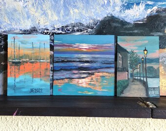 Three Original Oil Paintings on Paper, Sea Sunset, Boats, City Lights, Only Handmade, Size 15 x 15 cm and 10 x 15 cm.
