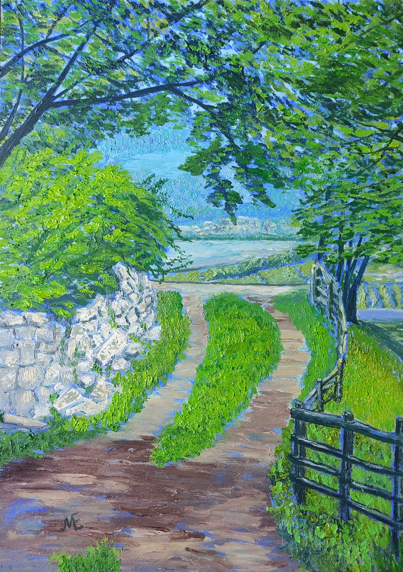 The Old Road in the Mountains, Impressionist, Oil Painting on Paper, Only Handmade, Size 29.7 x 42 cm (11.5 x 16.5")