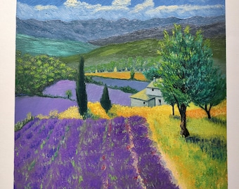 Lavender Fields and Country House, Original Oil Painting on Paper &quot;Fabriano&quot;, Size 25 x 25 cm (10 x 10&quot;)