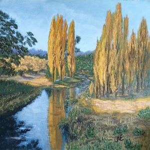 Paesaggio autunnale, alberi gialli vicino al fiume azzurro, dipinto su carta di Fabriano, dimensioni 25 x 25 cm (10 x 10")