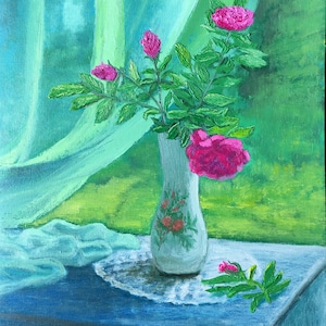 Bouquet di rose canine in un vaso bianco, cinorrodi contro una tenda verde, dipinto a olio su carta, solo fatto a mano, dimensioni 24,5 x 32,5 cm (9,6 x 12,8")