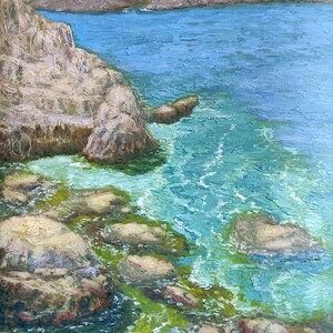 Rocce, mare e montagne all'orizzonte, dipinto a olio su carta, solo fatto a mano, dimensioni 25 x 32 cm (10 x 12,5")