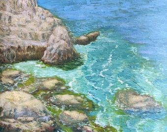 Rocks, sea and mountains on the horizon, Oil Painting on Paper, Only Handmade, Size 25 x 32 cm (10 x 12.5&quot;)
