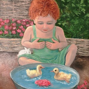 Original Ölgemälde: Kind mit Entchen, skurrile Kunst (37 x 32 cm)