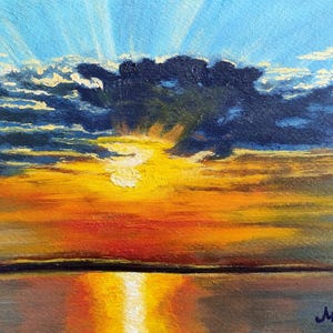 Tramonto sul mare, raggi di sole attraversano le nuvole scure, dipinto a olio su carta, solo fatto a mano, dimensioni 28 x 22 cm (11'' x 8,5")