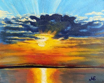 Sunset Over the Sea, Sun Rays Pass Through the Dark Clouds, Oil Painting on Paper, Only Handmade, Size 28 x 22 cm (11&#39;&#39; x 8.5&quot;)