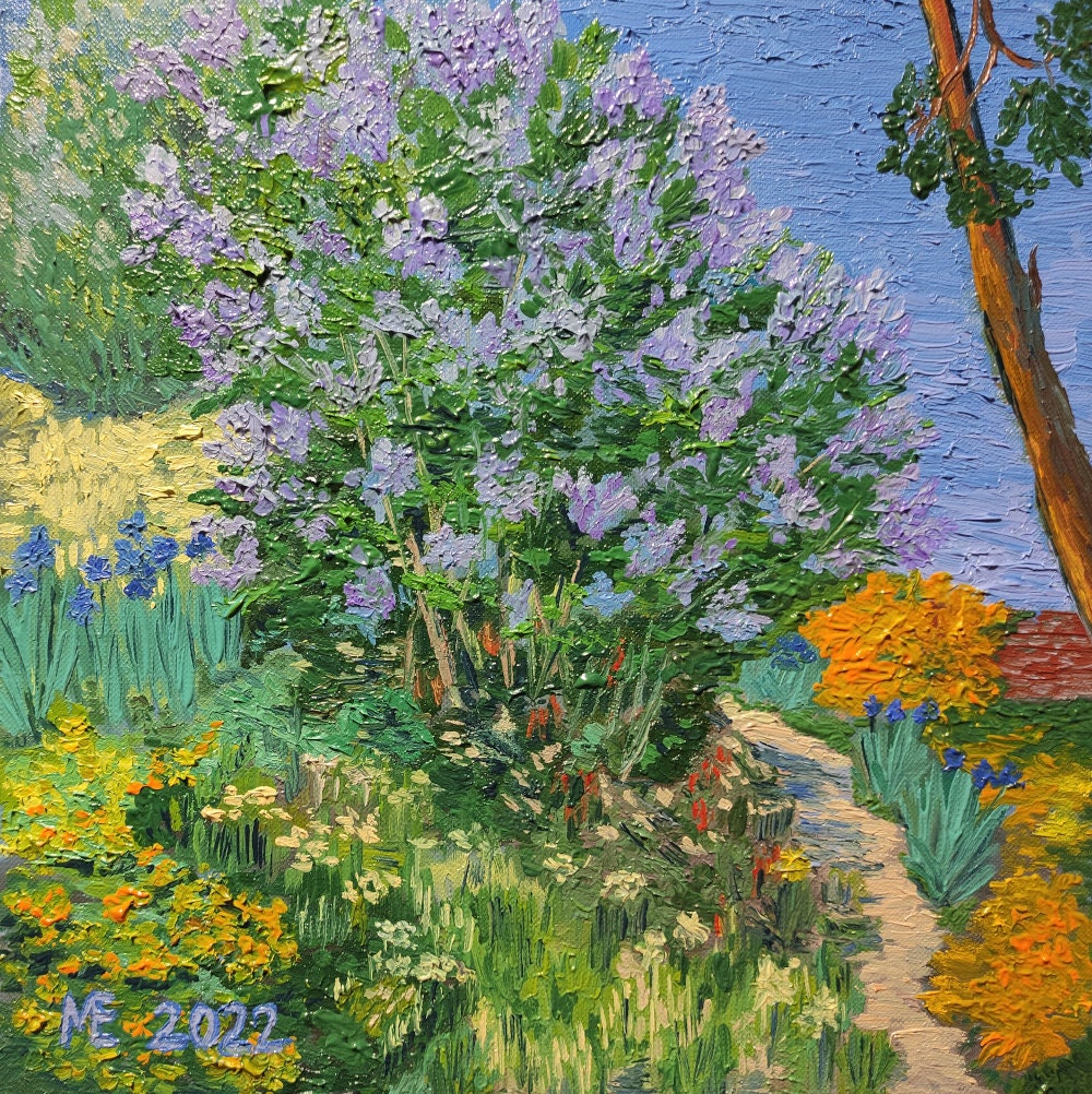 油絵　専用　枝に咲き誇る花 油絵 絵画 紫陽花畑の道 - HR | minne byGMOペパボ 国内最大級