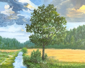 After the Rain the Sun Appears, Forest, Yellow Field, Tree, River, Oil Painting on Paper, Only Handmade, Size 29.7 x 42 cm (11.5 x 16.5&quot;)