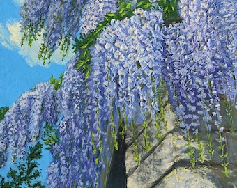 Wisteria above the Old Building, Impasto, Oil Painting on Paper, Only Handmade, Size 29.7 x 42 cm (12 x 16.5&quot;)