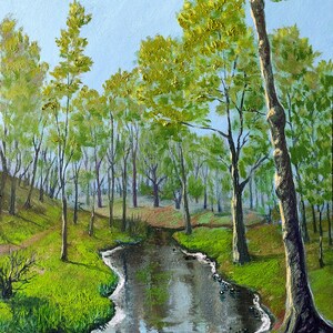 Mattina presto nella foresta primaverile sul fiume, impressionista, pittura a olio su carta, realizzata esclusivamente a mano, dimensioni 29,7 x 42 cm (11,5 x 16,5")