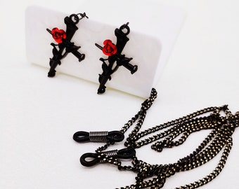Rose Blossom Cross Pendant Glasses Chain - Black & Gold Metal
