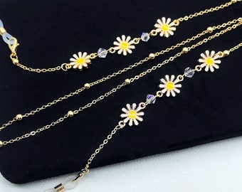 Catena per occhiali a margherita: collana con perline di cristallo e occhiali da sole dorati