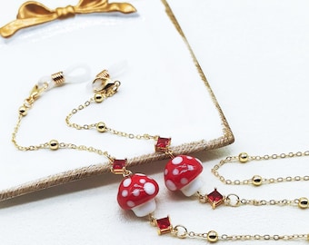 Red Mushroom Glasses Chain: Gold Copper Eyeglass Necklace