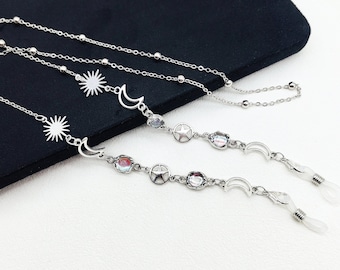 Corrente de óculos de prata: Corrente de óculos de liga de sol, lua e estrelas celestial