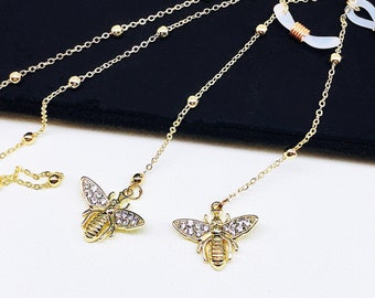 Cadena para gafas con forma de abeja y diamantes de imitación: correa dorada para gafas de sol