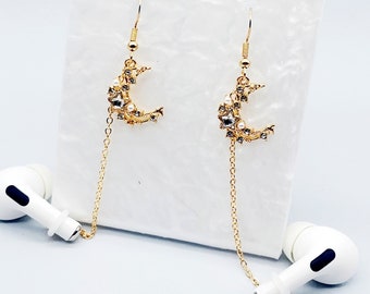 Star Moon AirPod Chain Earrings: S925 Silver Needle, Gold Baroque Style