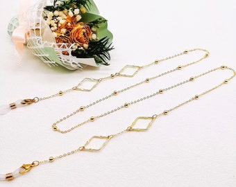 Corrente de óculos de ouro com diamante geométrico: Corrente de óculos de sol de metal