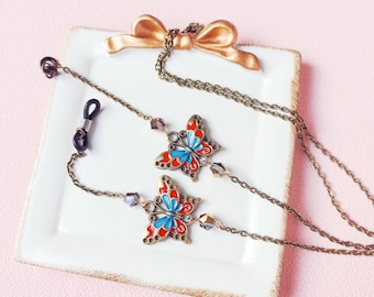 Bronze Butterfly Eyeglass Chain: Crystal Bead Sunglasses Holder