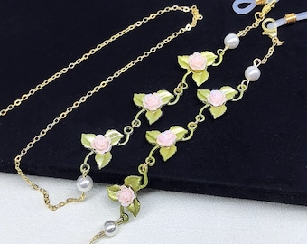 Camellia Pearl Glasses Chain: Green Leaf Charm Necklace