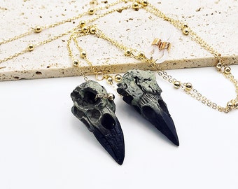 Gothic Crow Skull Glasses Chain: Resin Pendant, Gold/Silver Chain