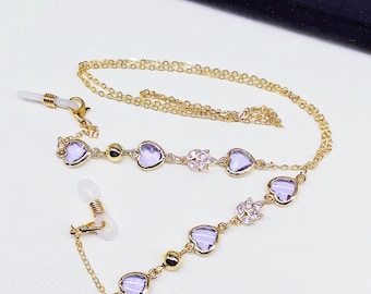 Purple Crystal Eyeglass Chain: Zircon Charm, Copper Chain