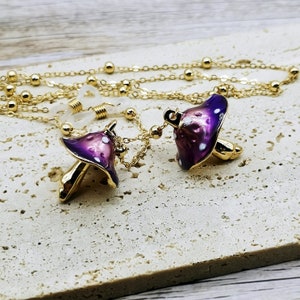 Mushroom pendant eyewear chain, Glasses chain, Realistic mushroom, Gold chain, Purple, Yellow