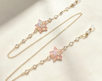 Acrylic Pink Star Eyeglass Chain: Gold Alloy, 28" Length