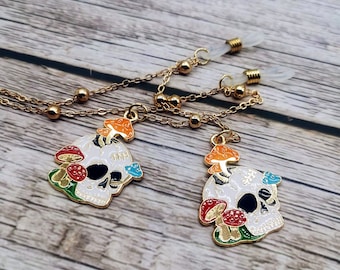 Mushroom Skeleton Pendant Glasses Chain: Gold Halloween Eyeglass Holder