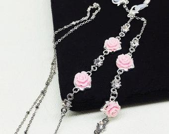 Pink Velvet Rose Glasses Chain: Silver Sunglass Strap Holder