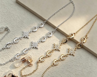 Star Moon Glasses Chain: Gold, Silver, Zircon Charm