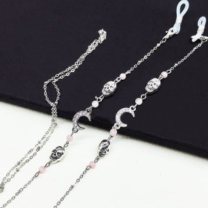 Rosa Katzenauge Stein Brillenkette, Skeleton Moon Brillenkette, Brillenkette, Sonnenbrillen Kette, Silber Brillenkette, Geschenk für sie