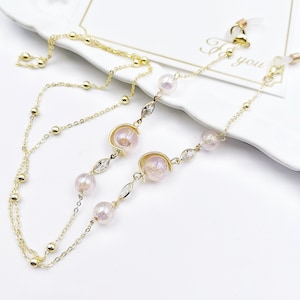Lenzenvloeistofhouders rond de nek,, damesbrilketting, roze kralenbrillenketting, zonnebrilketting, brilkoord, gouden ketting voor vrouwen
