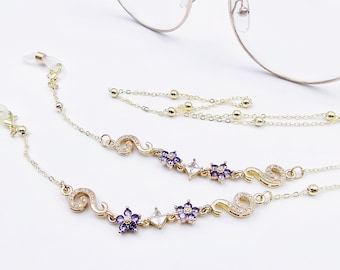 Purple Flower Eyeglass Chain: Zircon Pearl Sunglasses Necklace