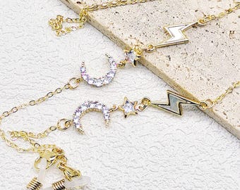 Gold Eyeglass Chain: Moon, Star & Lightning Charm Spectacle Chain