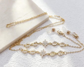 Star Moon Glasses Chain: Gold, Silver, Zircon Charm