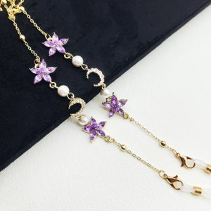 Lila / Blau / Pink Blume Brillenkette, Brillengestell, Sonnenbrillen Kette, Charm Kette, Damen Brillenkette, ohne Brille