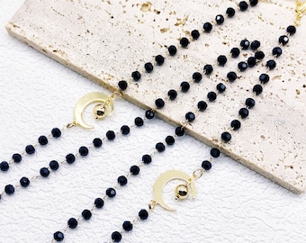 Black Crystal Bead Eyeglass Chain: Gold Moon Glasses Chain