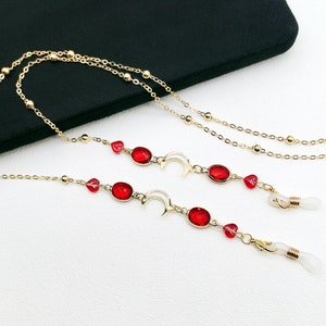 Red glass crystal bead glasses chain, Gold moon glasses chain, Glasses frame, Sunglasses chain, Charm chain,Without glasses