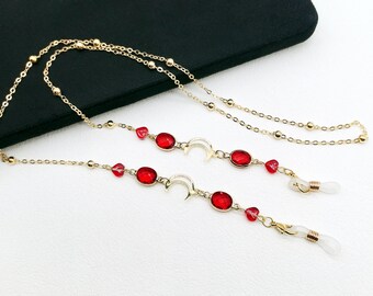 Red Crystal Bead Glasses Chain: Gold Moon Charm Sunglasses Chain