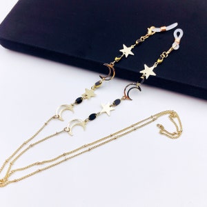 Goldene Sternenmond Brillenkette, 14K vergoldetes Kupferblech, Kristall Glas Perlen Brillenkette, Sonnenbrillen Kette,Brillenketten