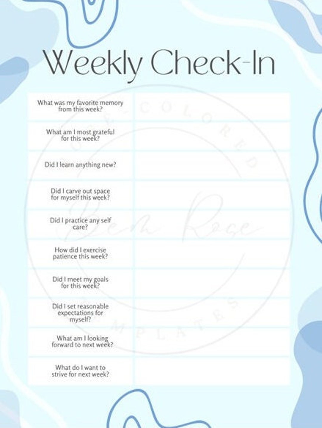 Weekly Check Up Printable Weekly Check-in Planner Mental Wellness Tracker Light Green ...